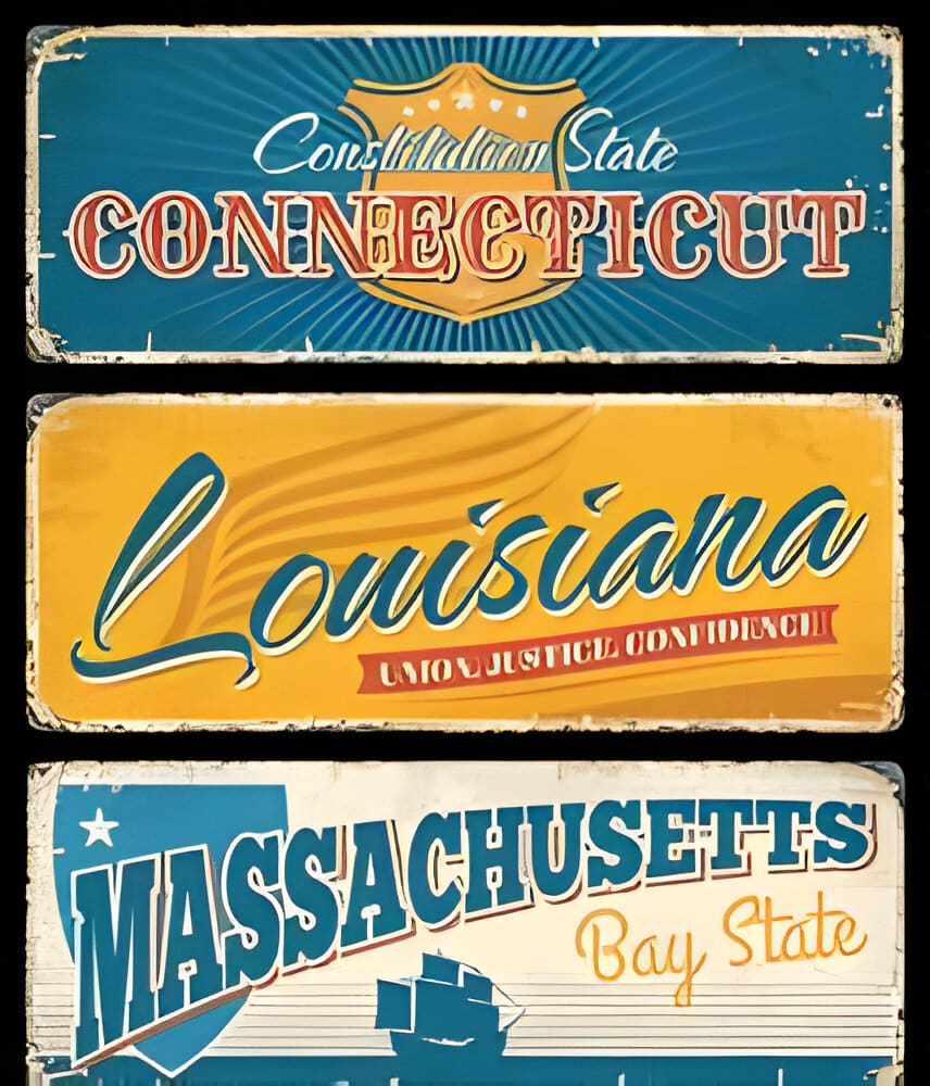 USA states of Connecticut, Louisiana and Massachusetts grunge signs of vector American travel and tourism. Constitution, bay and pelican states symbol vintage plates with heraldic shield, wing, ship